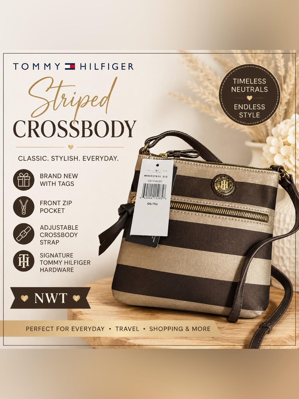 NWT Tommy Hilfiger Brown & Gold Stripe Crossbody Bag | Adjustable Strap